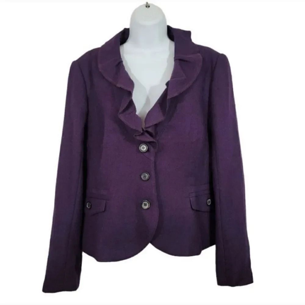 NEW Zara Woman Wool Blend Ruffle Neck Blazer Jacket in Plum Purple Size XL - Picture 2 of 13